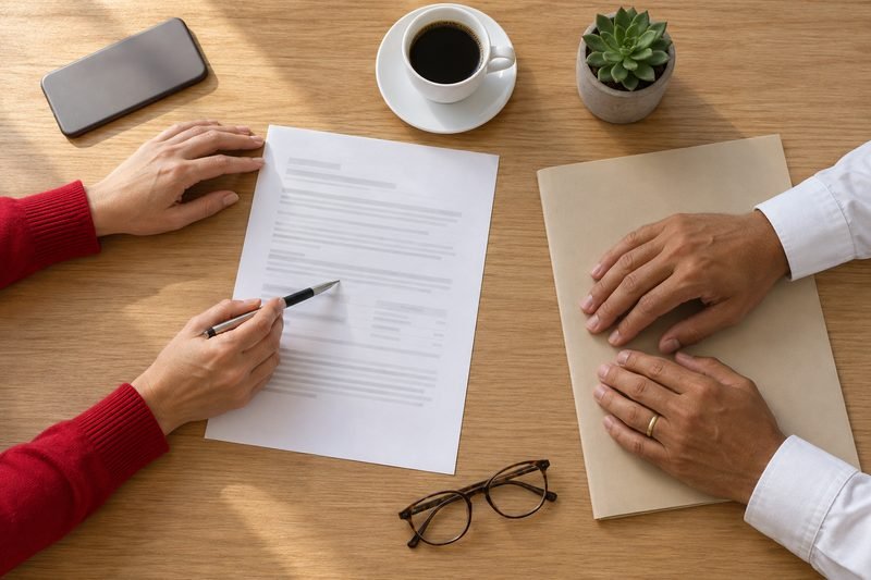 Mãos de consultora e cliente sobre a mesa, com a proposta de refinanciamento e uma pasta