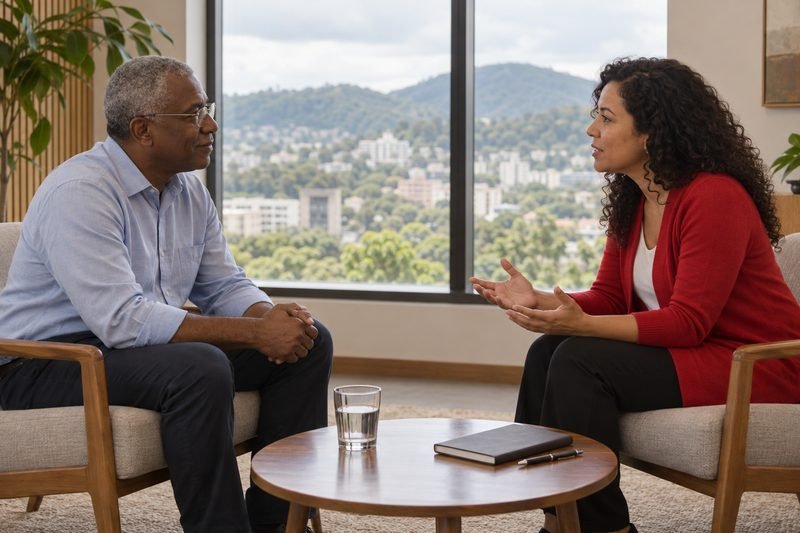 Consultora do Grupo Mônaco conversa com um servidor federal nas poltronas da recepção