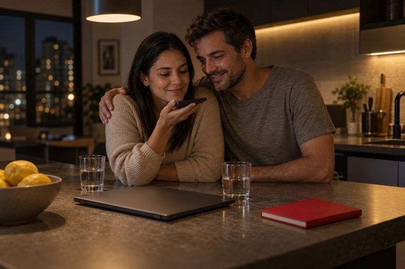 Casal ouve pelo viva-voz do celular a proposta do consultor, na cozinha de casa, à noite