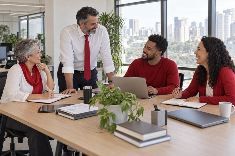Equipe de consultores do Grupo Mônaco reunida em volta da mesa do escritório