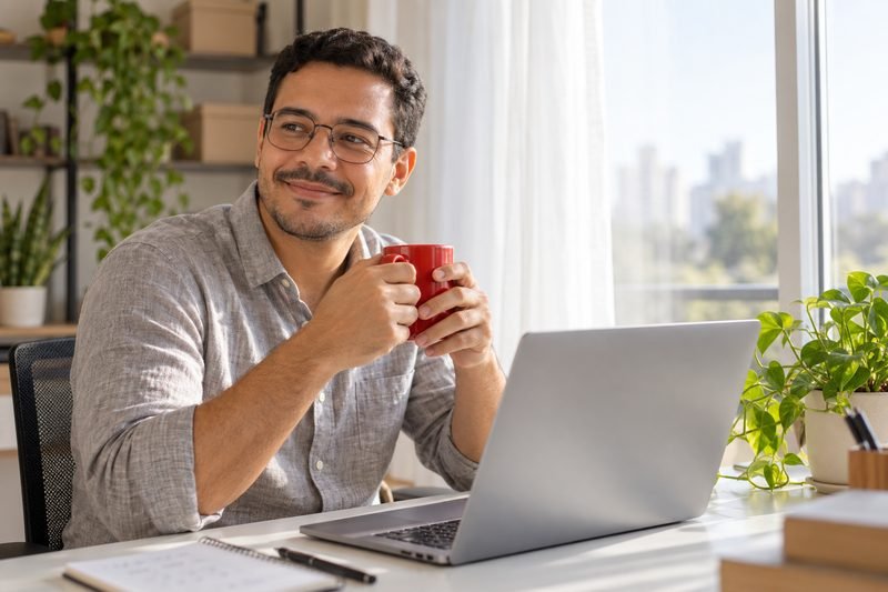 Servidor público sorri com uma caneca vermelha diante do notebook, no escritório de casa